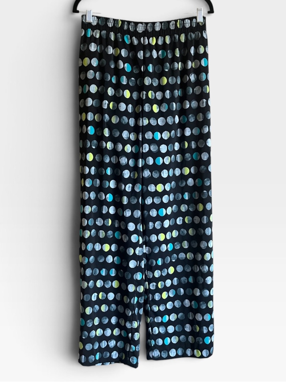 Joan Vass Wide Leg Pants, painterly circle pattern- grey, turquoise, chartreuse